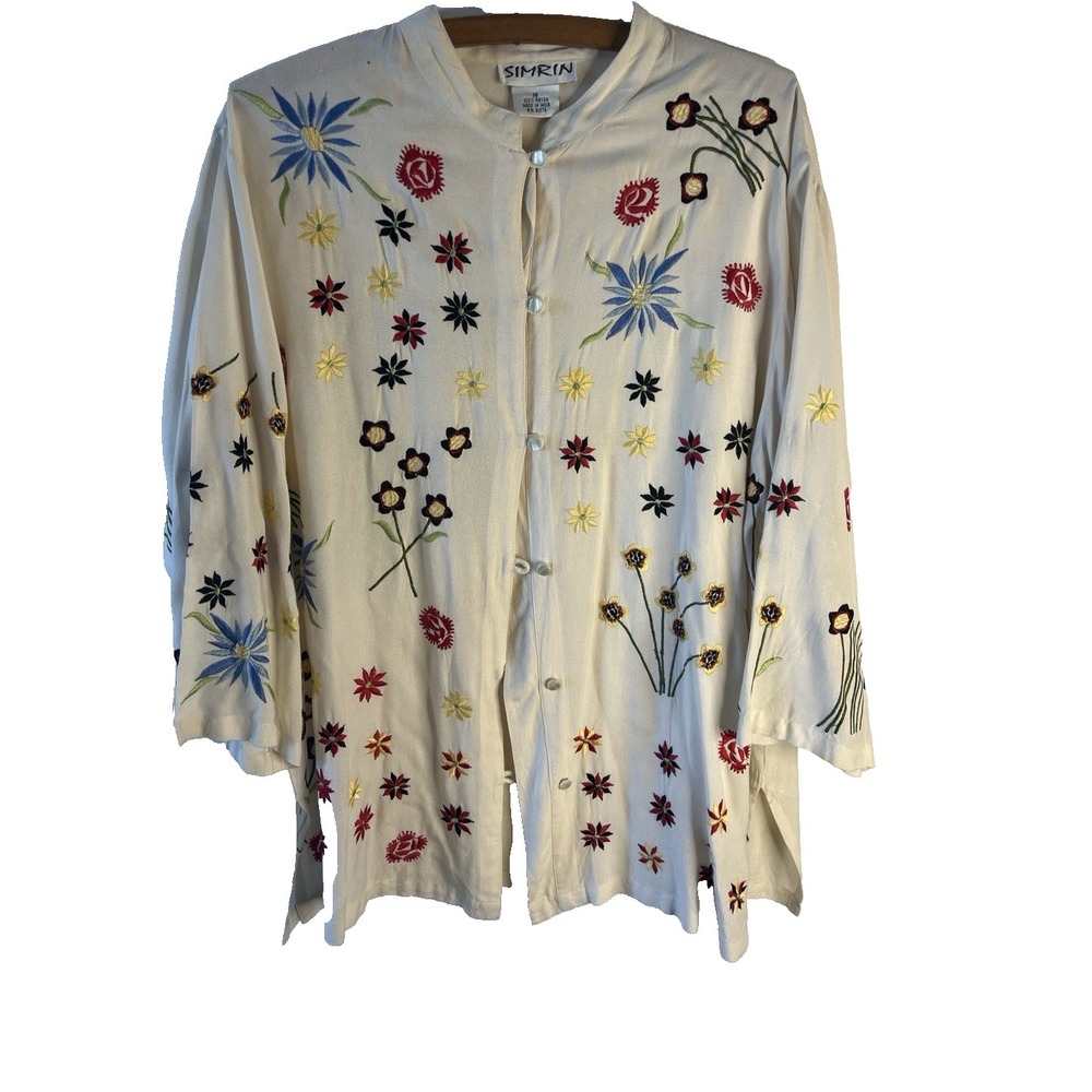 Vtg Floral‎ Embroidered Boho Top Women 16 Unique Artsy Lagenlook Summer